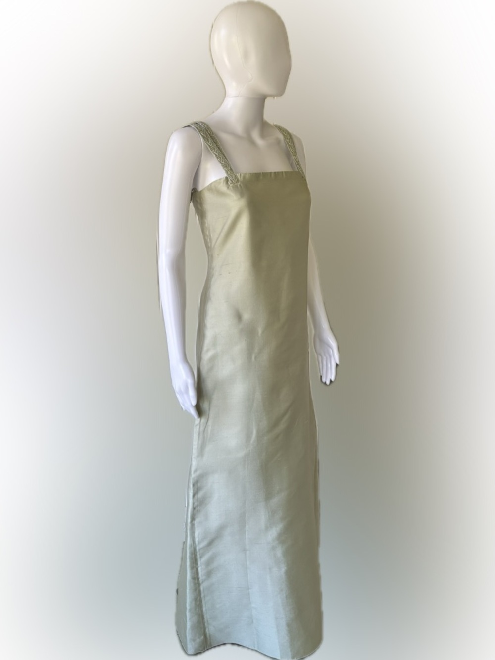 Valentino Boutique Beaded Strap Satin Dress in Light Sage